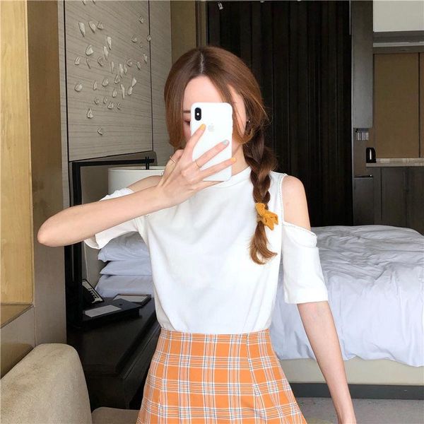 

women's short-sleeved t-shirt summer sneaky design off-the-shoulder rhinestone ins trendy loose western style all-mat, White