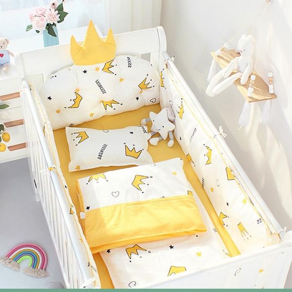 

bedding sets 5pcs nordic crown cushion crib bumpers with flat bed sheet pure cotton children's reducer baby cot set kids room