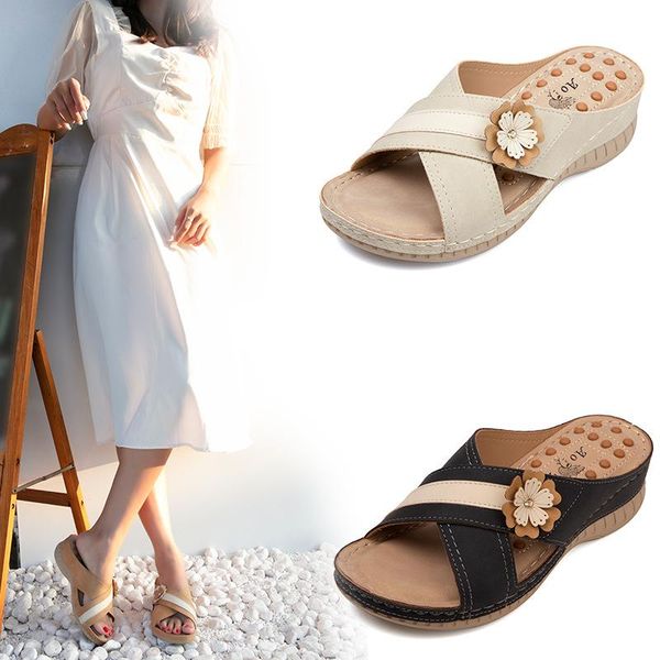 

ladies slippers summer fashion casual wedges flower sandals comfortable and breathable beach shoes large size wild trend, Black