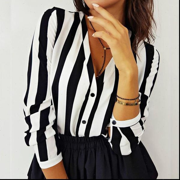 

fashion v neck women blouses long sleeve stripe career summer loose elegant, White