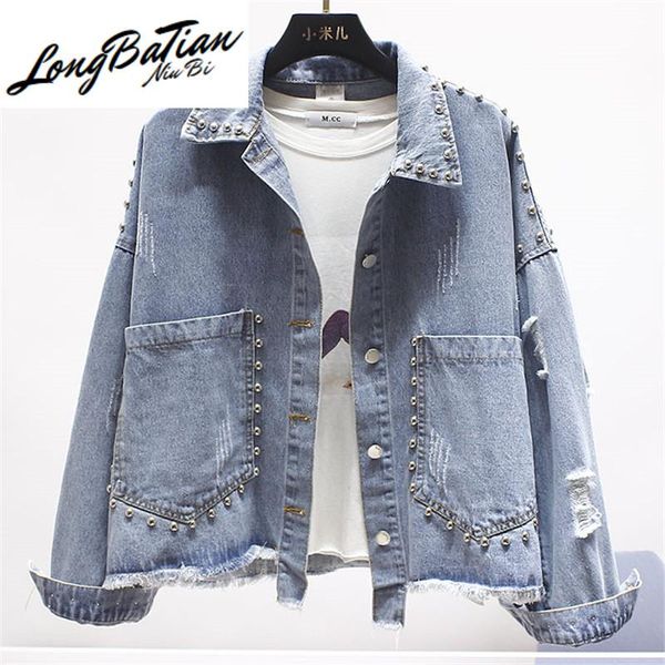 

women's jackets korean rivet frayed jeans female 2021 spring autumn vintage loose pocket casual denim jacket women basic coat streetwea, Black;brown