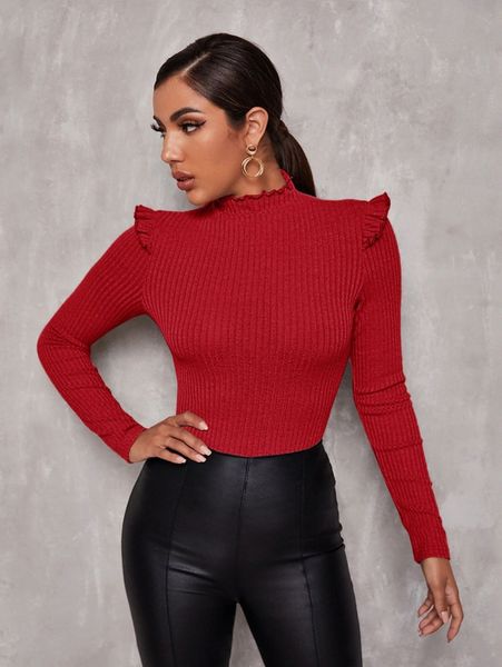 

lettuce edge mock-neck ruffle trim fitted tee f2xt#, White