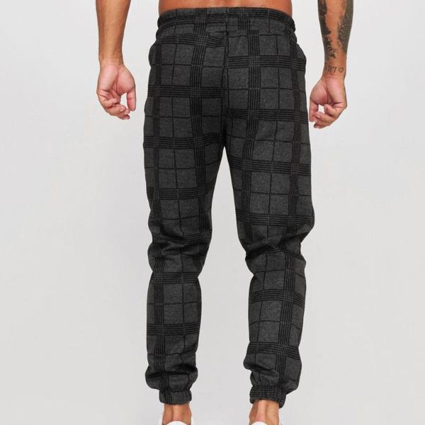 

men's pants men fit streetwear drawstring plaid jogger soft straight, Black