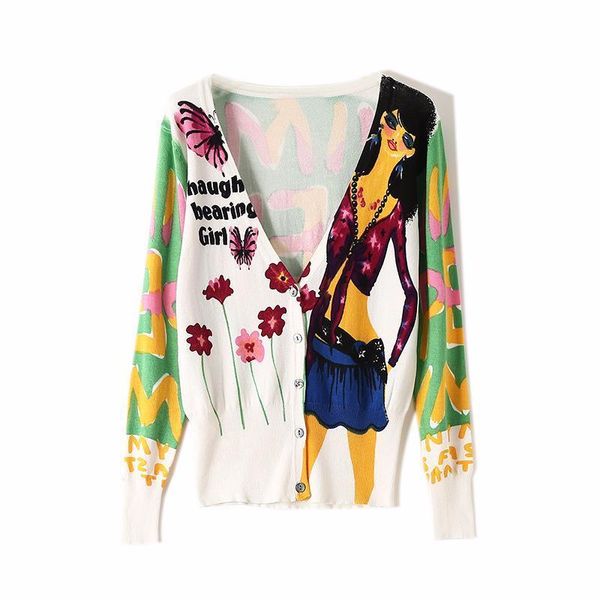 

cardigan colorful cartoon print women sweaters v neck slim knitted long sleeve cardigans autumn arrival, White;black