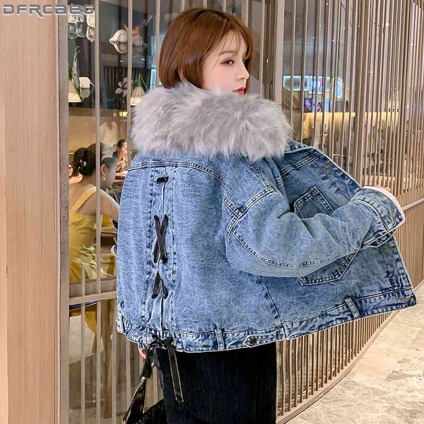 

women's jackets winter women denim faux fur collar chic ladies coats big pocket plus velvet jeans lace up bow loose outerwear qoqg, Black;brown