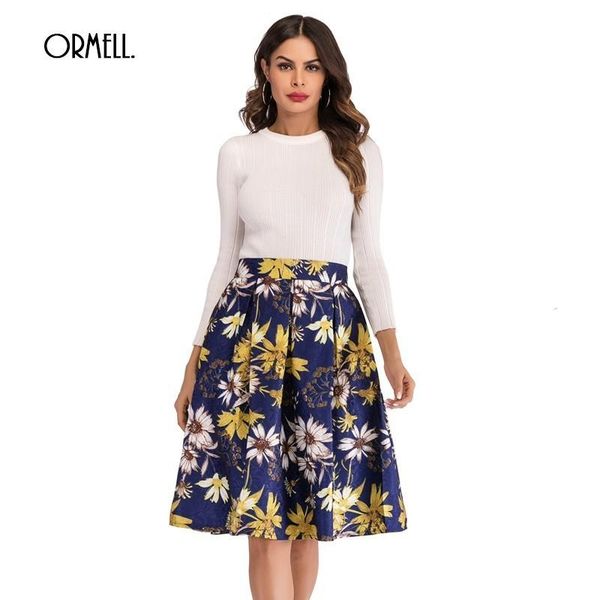 

skirts ormell elegant floral print vintage women casual slim female midi skirt 2021 summer high waist blue white a-line, Black