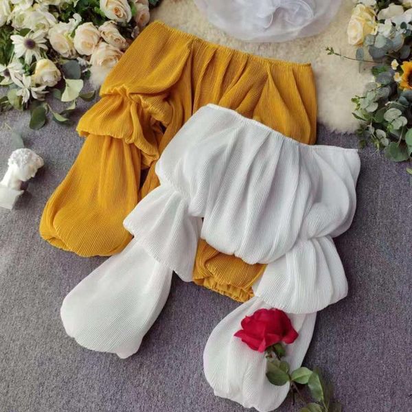 

women's blouses & shirts women autumn 2021 chiffon fashion long pleated lantern sleeve lady solid color blouse short crop j600, White