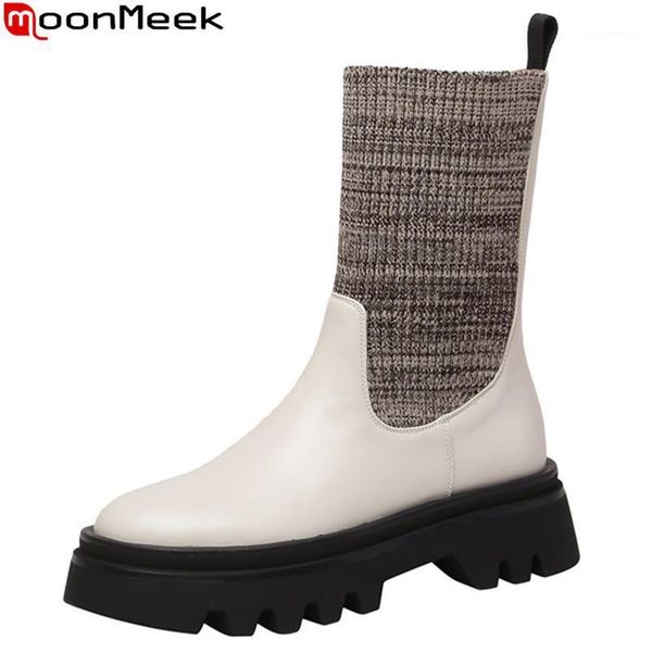 

boots moonmeek 2021 fashion women genuine leather square heels round toe mixed colors winter ankle1, Black