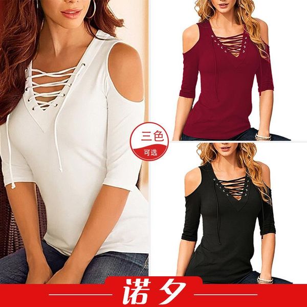 

v-neck off shoulder slim t-shirt women's wear 1082 shirts for women graphic tee, White