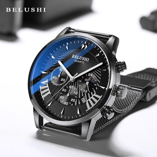 

wristwatches brand men's watch quartz calendar 6 hands chronograph sports casual leather waterproof clock three eye, Slivery;brown