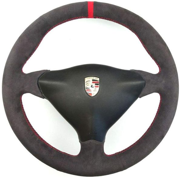 

diy all black suede leather steering wheel red stitch on wrap cover fit for porsche 911 986 996 carrera boxster s 1998-2004