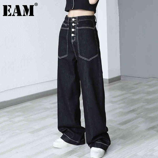 

[eam] high waist black single breasted pockets trousers loose fit pants women fashion spring autumn 1dd6823 21512, Blue