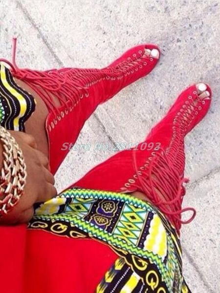 

boots hollow lace up rome gladiator woman peep toe tied thigh high summer cut outs over the knee sandal, Black