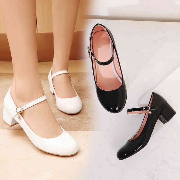 

dress shoes yqbtdl summer concise black white pu patent leather block chunky heels student princess show mary jane pumps women it37