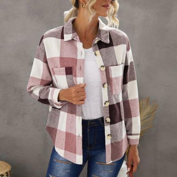 

women's jackets autumn women shirts coat vintage plaid shirt outwear elegant single breasted streetwear long sleeve casual coats, Black;brown