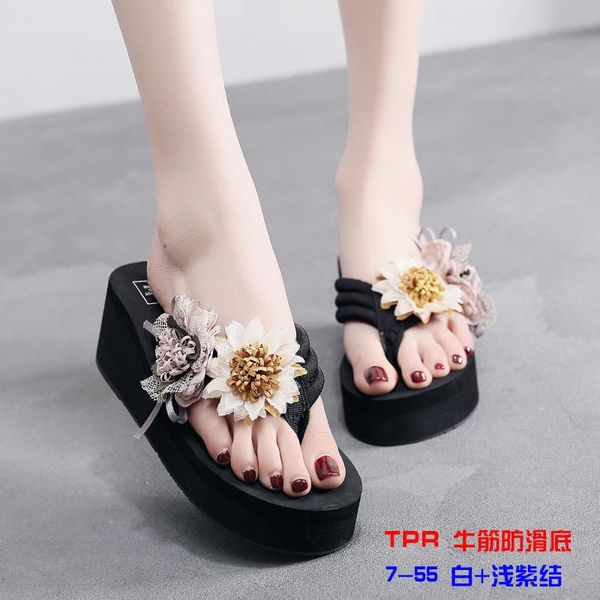 

flower on a wedge house slippers platform low women luxury shoes shale female beach pantofle heeled mules rubber flip flops, Black