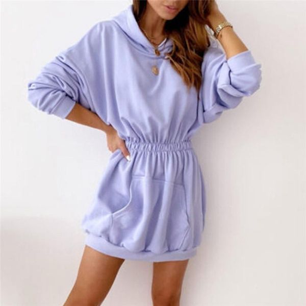 

2021 women long hoodies dresses elastic waist solid sleeve pocket hooded pullover female dress jumper sweater casual1, Black;gray