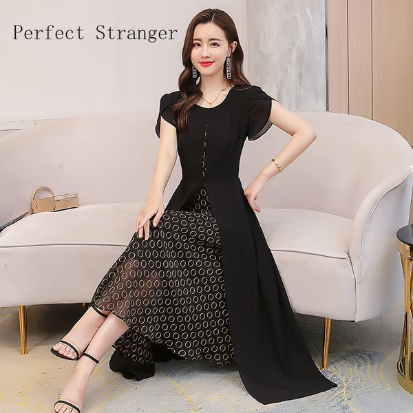 

2021 Summer New Arrival Plus Size -4XL Round Collar Short Sleeve Fake Two Pieces Women Chiffon Long Dress Black