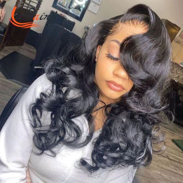 

lace wigs 30 inches body wave 13x6 frontal human hair wig glueless pre plucked with baby front part natural color, Black;brown