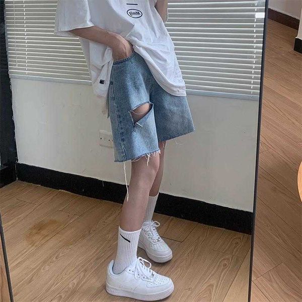 

women's denim capris summer high waist slim hole straight pants net red loose wide leg shorts, Blue