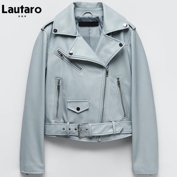 

women's leather & faux lautaro spring autumn short black soft biker jacket women 2021 with zipper belt luxury casual streetwear fashion