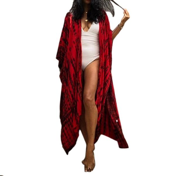

one-piece suits women 3/4 sleeve long kimono cardigan irregular tie-dye striped open front blouse shirt belted beach swimsuit cover up drops