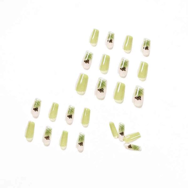 

false nails 24pcs matcha green nail patch glue type removable long paragraph fashion manicure save time false sana889 220225, Red;gold