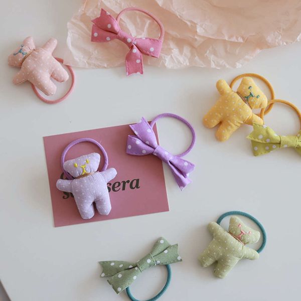 

hair bandskorean three dimensional bear bow circle children's baby sweet wave point hair rope soft cute suit rubber band girl, Pink