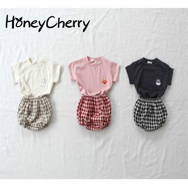 

summer girl set baby short sleeve shorts cute simple cartoon thin cotton plaid pants set toddler girl clothes 210701, White