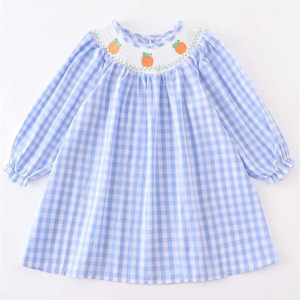 Girlymax Halloween Thanksgiving Baby Mädchen Smock Plaid Kürbis gewebtes Kleid Kinderkleidung Rüschen Schwarz Rot Gingham Boutique 211231