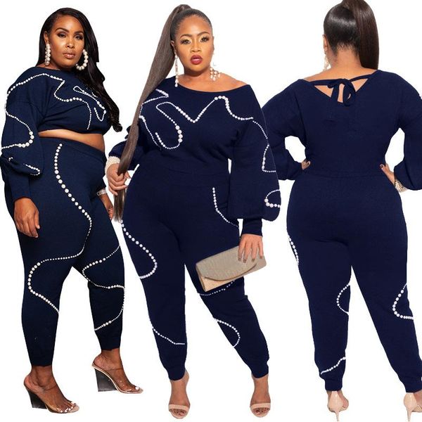 

plus size clothing xl-4xl two piece set women beading knitted sweatsuit and pants outfit wholesale drop women's, White
