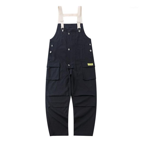 

men's pants multi-pocket overalls spring and autumn trendy brand pure color loose sling street trend jumpsuit, Black