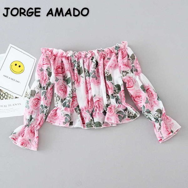 

spring girls shirt floral shoulderless long puff sleeves embroidery flowers kids clothing e511 210610, White;black