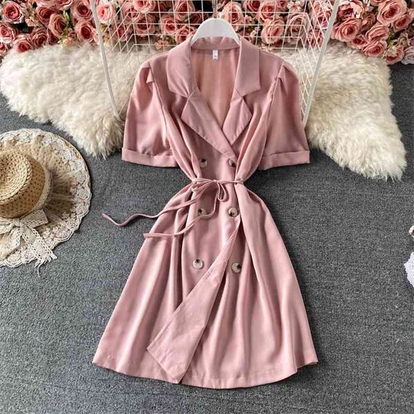 

korean style office lady short dress women summer short-sleeved notched collar double breasted sash lace-up work wear 210603, Black;gray