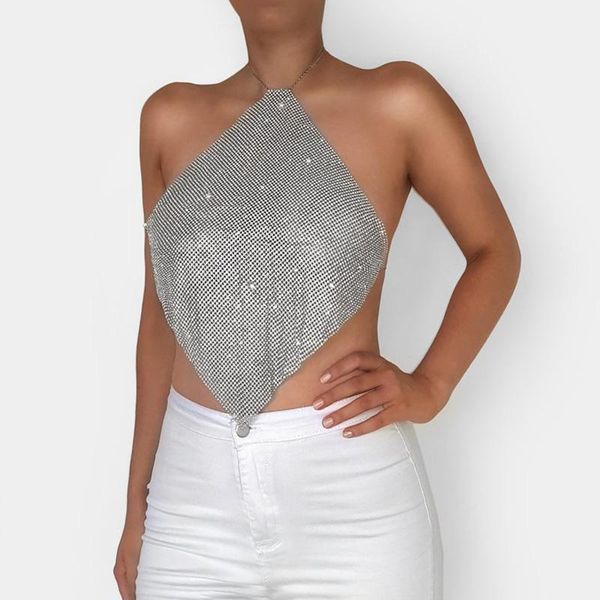 

women's tanks & camis summer club sequined sleeveless slash-neck adjustable tank party crystal rhinestone chainmail, White