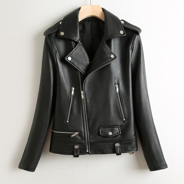 

women's leather & faux genuine jacket women 2021 slim short motorcycle coat sheepskin korean autumn clothes jaqueta feminina wpy3871, Black