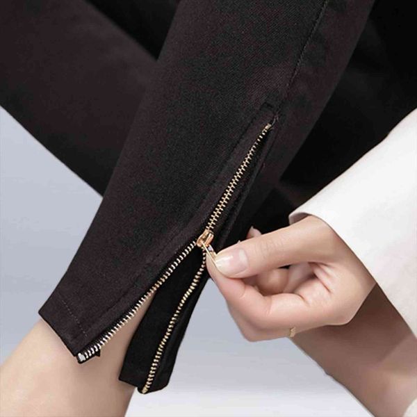 

plus size high waist pencil womens capri elegant stretch leggings with zippers ladies fashion streetwear casual trousers, Black;white
