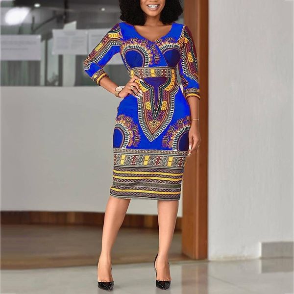 

women retro printed bodycon dresses v neck vintage office elegant slim ladies work wear female african fashion autumn 210416, Black;gray