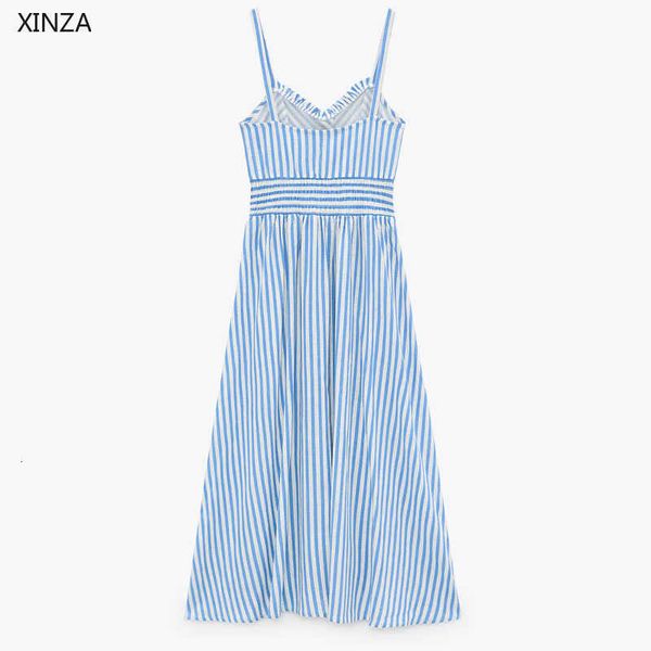 

casual dresses women blue striped long summer dress ruffle sleeveless straps sundress female smocked elastic waist elegant bzst, Black;gray