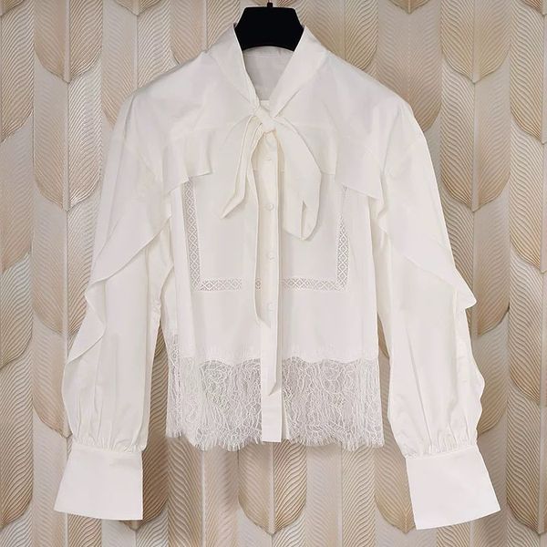 

suit women white lace blouse bow tie long sleeve elegant lace-up office lady female shirt, White;black