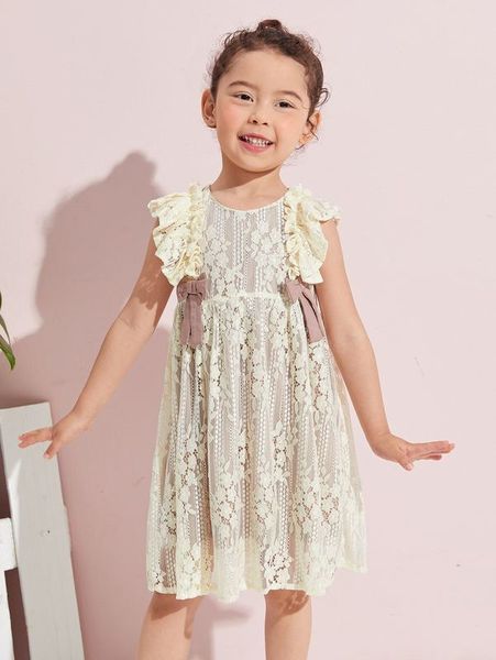 

toddler girls ruffle armhole bow detail lace dress she, Red;yellow
