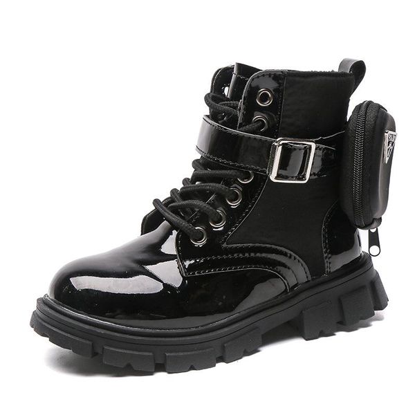 

boots girls 2021 autumn single fashion british style short children plus velvet leather chic, Black;grey