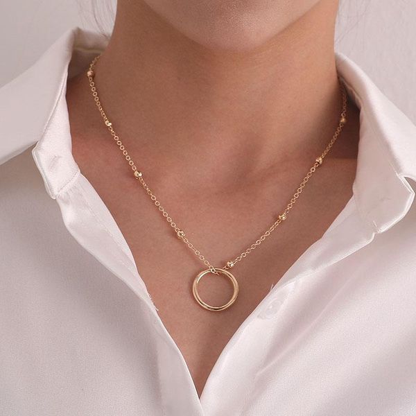 

simple temperament copper beads chains round circle pendant necklace women vintage geometric party jewelry gift necklaces, Silver