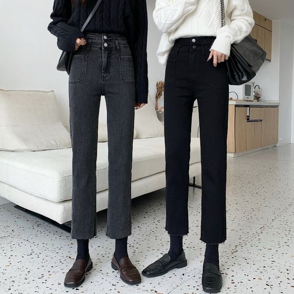 

women's jeans spring 2021 new high waist versatile slim loose straight chic black skinny jeans pants, Blue