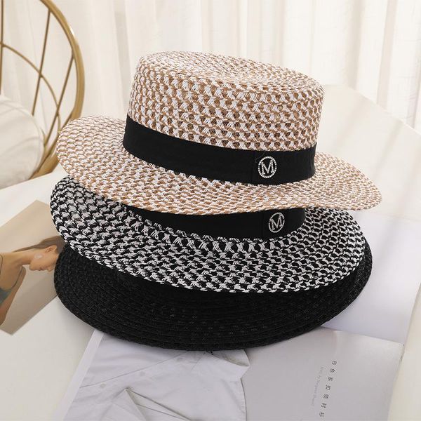 Berets M Mark Flat Top Strohhüte Weibliche Mischfarbe Strandhut Lady Boater Sonnenkappen Panama Fedora Damenkappe Snapback Gorras