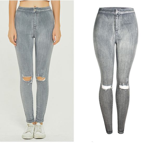 

Msxu simple little jeans with torn knees high waist pencil gray pants, Blue