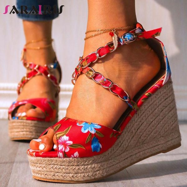 

high wedges summer sandals ins design chains women elegant print platform shoes woman, Black