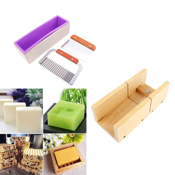 

craft tools adjustable wooden soap loaf cutting mould + rectangle silicone with wood box 2pcs wavy & straight cake cutter