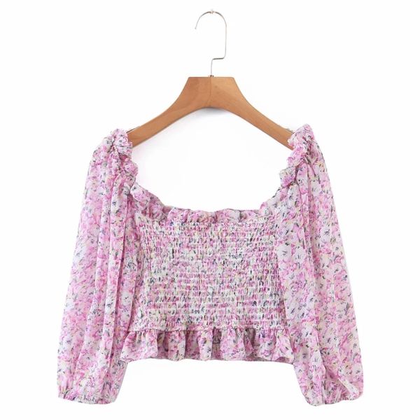 

summer women slash neck flower printing chiffon short blouse female lantern sleeve shirt casual lady crop blusas s8882 210430, White