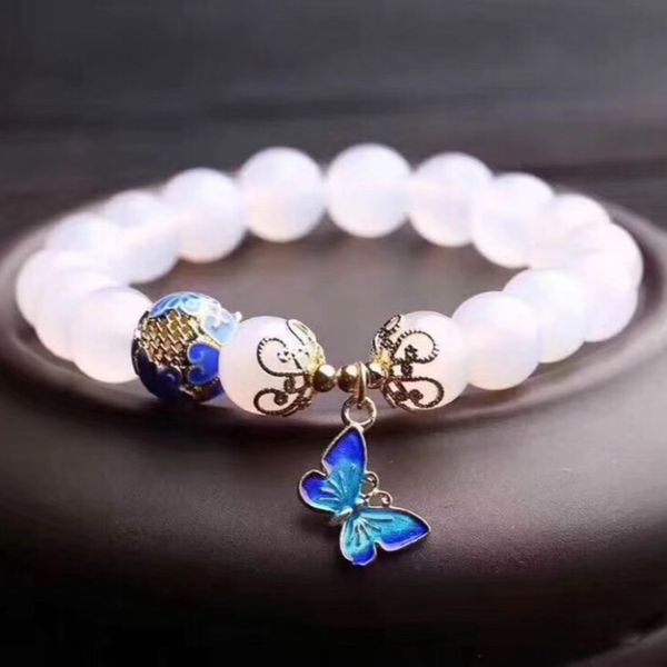 

high quantity 10mm beads white agates natural stone bracelet women accessories metal butterfly pendant tasbih jewelry wholesaledio chan cont, Silver